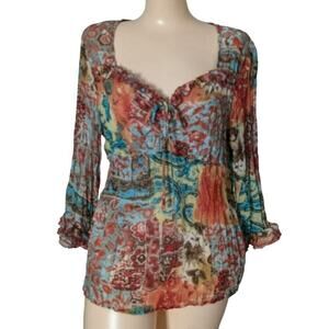 Boho Festival Sheer Peasant Top Women Large Y2K Hippie Milkmaid Fairy Grunge Bow